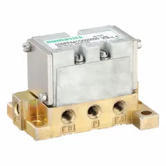 Four-way, two-position pilot air control valve with #10-32 NPT ports. Remote pilot actuation and pilot return. Maximum pressure rating of 150 psi. Used in pneumatic systems to direct compressed air for actuating cylinders or other devices in automated machinery.