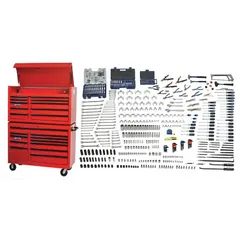 This 449-piece tool set includes 3 slip-joint pliers, 24 hex keys, 14 drive tools, and 43 combination wrenches in both Metric and SAE sizes. Socket drive sizes are 1/4 in, 3/8 in, and 1/2 in. The set is supplied with a rolling tool cabinet for organized storage and transport. Suitable for maintenance, repair, and assembly tasks in industrial settings.