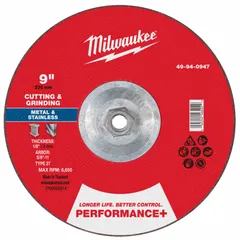 Type 27 wheel, 9" x 1/8" x 5/8"-11, zirconia alumina, 24 grit. Designed for cutting and grinding carbon steel and stainless steel. Suitable for heavy material removal and finishing in metal fabrication, maintenance, and repair applications.