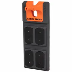 This aerial bucket storage module, made of plastic in Black/Gray/Orange, measures 2 inches wide by 8 11/16 inches high. It is designed as a tool bucket apron to organize tools within reach in aerial lifts or buckets.
