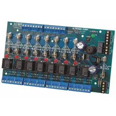 Power controller board for access control systems, accepting 12/24V AC/DC input. Constructed on phenolic/fiberglass material. Distributes controlled power to door locks, readers, and similar devices in commercial and industrial security installations.