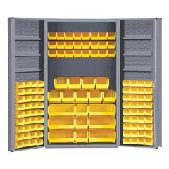Assembled steel cabinet with gray powder-coated finish and 14 ga panel. Includes 114 yellow deep box bins (72 bins measure 4 in x 7 in x 3 in) and six shelves. Designed for organized storage of small parts, tools, and components in industrial settings such as workshops, warehouses, and maintenance facilities.