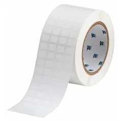 Precut label roll measuring 3/8 in x 1/2 in, made of polyester with a permanent adhesive and white gloss finish. Compatible with i5100 printer series. Used for industrial identification, asset tracking, cable marking, and component labeling.