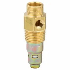 Brass check valve with 1/2 in compression inlet and 1/2 in male NPT outlet. Rated for maximum pressure of 500 psi. Used in pneumatic systems to allow flow in one direction and prevent backflow, suitable for in-tank installation.