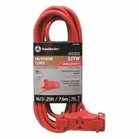 SOUTHWIRE Extension Cord: Outdoor Use, 25 ft Lg, 3 Outlets, 5-15P, 14/3, SJTW, Red, Single Connector (MPN 4217SW8804)