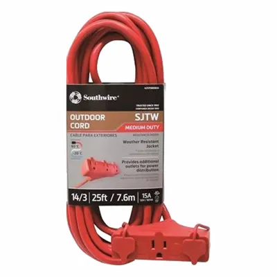 SOUTHWIRE Extension Cord: Outdoor Use, 25 ft Lg, 3 Outlets, 5-15P, 14/3, SJTW, Red - Outdoor Extension Cords with Multiple Outlets