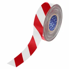 Red/white striped floor marking tape with a 22 mil thick polyester backing. Used to mark aisles, hazard zones, and safety boundaries in industrial facilities. Suitable for high-traffic areas requiring durable visual cues.