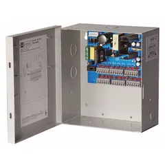 Steel-enclosed power supply board accepting 115/230V AC input. Suitable for powering security, access control, and industrial control systems.