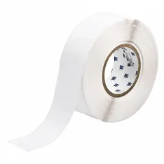 Continuous roll of white gloss polyester labels, 2 inches wide by 300 feet long, designed for outdoor use. Halogen-free material offers resistance to weather and chemicals. Compatible with THT 3" core printers for thermal transfer printing. Suitable for industrial labeling applications such as asset tracking, pipe marking, and safety signage.