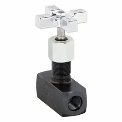 Manual two-way needle valve with #6 SAE O-Ring Boss connections on both ports. Steel body, rotary knob adjustment, 5 gpm max flow. Used for precise flow regulation in hydraulic and pneumatic circuits.