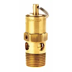 Brass-bodied safety valve with stainless steel internals and hard seat design. Features 3/8 in (M)NPT inlet and 3/8 in (F)NPT outlet. Provides overpressure protection in pneumatic systems by automatically venting excess pressure.