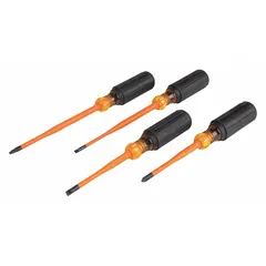 This 4-piece insulated screwdriver set includes Phillips, slotted, and square tip drivers, with a 3/16 in slotted screwdriver. Designed for electrical work requiring protection against shock, these tools are suitable for use on energized equipment up to 1000 V.