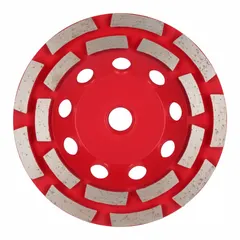 Double-row diamond segment cup grinding wheel from the Diamond Max™ series. Features a 5" diameter, 5/8"-11 arbor, and 18 diamond segments. Designed for heavy-duty grinding on concrete, masonry, and stone surfaces in construction and surface preparation applications.