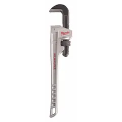 Aluminum straight pipe wrench with 18 in overall length and 2 1/2 in jaw capacity. Serrated jaws provide secure grip on pipes and round stock. Ergonomic design for reduced hand fatigue. Suitable for plumbing, mechanical, and maintenance tasks requiring turning or holding pipes and fittings.