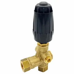 Brass unloader valve with a maximum operating pressure of 4,500 psi and overall height of 6-3/4 in. Used in pressure washers and high-pressure cleaning systems to bypass flow when the trigger is released, protecting the pump from deadheading.
