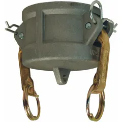 This dust cap protects cam-and-groove couplers from debris and contamination when not in use. It has a 1-1/4 in coupling size, 250 psi max working pressure at 70°F, and an overall length of 3-1/16 in. The gasket is made of nitrile. Suitable for industrial fluid-transfer systems.