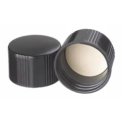 Black phenolic screw cap with rubber liner, 38-430 mm closure size. Autoclavable for laboratory and industrial container sealing.