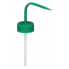 This green polypropylene screw-on cap is designed for wide-mouth wash bottles. It features a 48-400 mm closure size, is vented for controlled liquid release, and is unlined with no septa included. Suitable for laboratory or industrial dispensing applications.