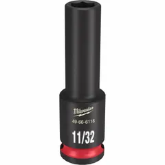 This 3/8" drive deep impact socket is designed for use with impact tools on SAE 11/32 in hex fasteners. The 6-point deep profile provides full contact on the fastener head to reduce rounding. Friction retention helps secure the socket on the drive tool. Suitable for fastening and loosening tasks in automotive, construction, and industrial maintenance applications.