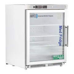 Undercounter lab refrigerator with 4.6 cu ft capacity, maintaining 2°C to 7°C. Features a white finish, left-opening swing glass door, temperature alarm, and uses R-600a refrigerant. Overall depth 25 1/2 in. Suitable for storage of temperature-sensitive materials in laboratory and healthcare environments.