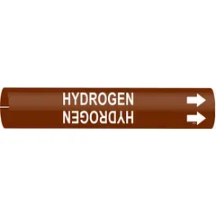 This snap-on pipe marker identifies hydrogen piping and includes directional arrows. It fits pipe outer diameters from 1-1/2 to 2-3/8 inches. The marker has a brown background with white legend text. Use it to label pipes in industrial facilities for clear content and flow direction identification.