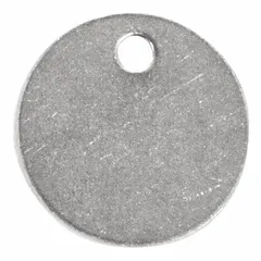 Round aluminum blank tag, 1 1/4 inches in diameter and 0.04 inches thick, in silver color. Sold in packs of 100. Suitable for custom marking and identification of valves, pipes, and equipment in industrial facilities.