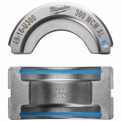 Replacement upper and lower crimping die set for electrical wire and cable. U Style dies accommodate 300 kcmil conductors. Color-coded blue for size identification. For use with MILWAUKEE 2679-20 crimper and 49-16-U000 die holder.