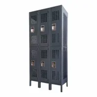 This unassembled steel locker features a ventilated door for airflow, suitable for employee changing rooms, schools, and industrial facilities. It accommodates a built-in lock or padlock (not included) and has 2 tiers across 3 units wide. The gray finish resists wear in daily use