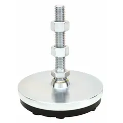 Male leveling mount with fixed stud, 3/4"-10 thread, 4 in type, and 5,500 lb capacity. Round elastomer thrust pad dampens vibration. Includes (2) jam nuts and mounting holes; hex size 1-1/16 in. Used for leveling and supporting heavy machinery, presses, and conveyors.