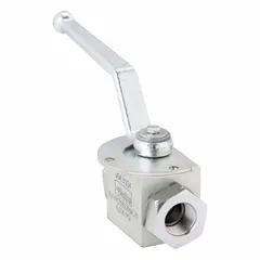 Two-position, two-way hydraulic ball valve with 1/4 in NPT connections and a lockable handle. Features Nitrile ball and shaft seals. Used for on/off flow control and isolation in hydraulic systems.