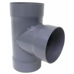 PVC duct tee fitting for 10-inch duct diameter. Inlet and outlet diameters are 10 3/4 inches, overall length 20 3/4 inches. Used to branch or merge airflow in ventilation and fume exhaust systems.