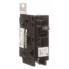 Single-pole miniature circuit breaker rated 60 A at 120/240V AC, part of the BL Series. Provides overcurrent protection for single-phase branch circuits. Bolt-on mounting for use with Siemens P1 Panelboards. Maximum AIR rating of 22kA at 120/240V AC.