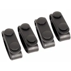 Belt keepers designed to secure duty belts and prevent shifting during use. Sold as a 4-pack in black basketweave finish. Suitable for tactical and law enforcement applications.