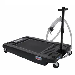 This low-profile truck drain is constructed of black polypropylene with a 17-gallon capacity and an overall height of 7 3/4 inches. Designed for collecting used oil from vehicles and equipment, its low height allows it to slide under trucks and machinery with limited clearance. Suitable for use in garages, workshops, and industrial facilities.