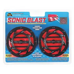 Low tone electric disc horn set for passenger vehicles. Includes two painted red/black horns and a 10 ft 1/4 in nylon high-pressure hose. Operates on 12V DC. Suitable for use as an audible warning device on cars, trucks, and SUVs.