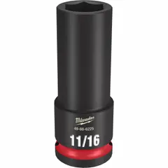 This 1/2" drive impact socket features an SAE 11/16 in size with a 6-point deep design for high-torque fastening. The black phosphate finish and friction retention system provide secure attachment to impact tools. Suitable for automotive, construction, and industrial maintenance applications.