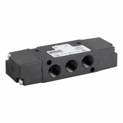 Four-way, two-position, B3 remote pilot spool valve with spring return and no override. Rated for ambient temperatures from 5°F to 120°F. Used to direct compressed air in pneumatic systems for actuating cylinders and other devices.