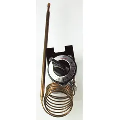 Electric thermostat for commercial cooking equipment with a dial range of 140 to 500°F. Features a 48-inch capillary and operates on 120V AC input voltage. Suitable for ovens, fryers, and griddles requiring precise temperature regulation.