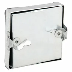 This rectangular flat access door is constructed from 24 ga steel with fiberglass insulation and features a double cam latch with tab-in hinge. It is designed for installation in rectangular HVAC ductwork to provide entry for inspection and maintenance. Rated for continuous service up to 175°F.