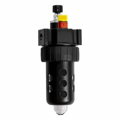 Parker Series 16L micro-mist lubricator with zinc body. 1/4 in NPT ports, 90 scfm flow capacity, 250 psig maximum operating pressure, 175°F maximum operating temperature. Injects fine oil mist into compressed air lines to lubricate pneumatic tools, cylinders, and valves.