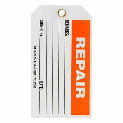 BRADY Tag: Repair, 5 3/4 in Wd, 3 in Ht, Black/Orange/White, Rectangle, Indoor/Outdoor - Safety