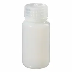 High-density polyethylene (HDPE) wide mouth round bottle with a 60 mL (2 fl oz) capacity. Natural body color. Includes a 28 mm polypropylene closure. Not graduated. Suitable for general laboratory liquid storage and dispensing.