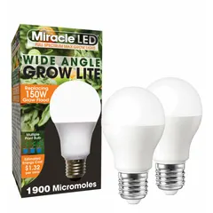 This MIRACLE LED A19-shaped grow bulb provides a full/broad spectrum suitable for seed starting and early plant growth. It operates at 120V with a 150W incandescent watt equivalency. Use in indoor gardening or greenhouse propagation to support seedling development.