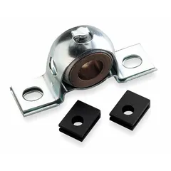 Two-bolt stamped steel pillow block with a bronze plain bearing for supporting rotating shafts. Bore: 3/4 in. Overall length: 4 in. Overall height: 2.093 in. Maximum speed: 4,500 RPM. Suitable for light-to-moderate industrial applications such as conveyors and packaging machinery.