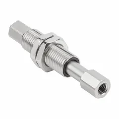 Rotating vacuum buffer with M5 female connections on both ports. Stroke length 20 mm, overall length 79.4 mm. Used in vacuum handling systems to absorb shock and maintain vacuum levels during pick-and-place operations.