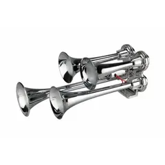 Air-powered horn with high tone output, chrome-plated silver finish. Operates on 12-24V DC. Includes mounting hardware. Suitable for use on trucks as an audible warning signal.