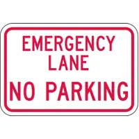 Aluminum sign with High Intensity Prismatic retroreflective sheeting for visibility in low-light conditions. Nominal size 18 in x 24 in, thickness 0.080 in. Used to designate emergency lanes where parking is prohibited in parking lots, industrial facilities, and municipal roadways