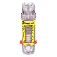 This inline variable-area flowmeter measures water flow in liters with ±5% accuracy. It features a scale display, universal mounting orientation, and Buna-N seals and O-rings. Suitable for monitoring flow in water lines, cooling circuits, and process systems where a simple, direct-reading flow indicator is required.
