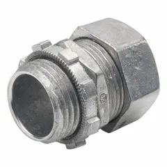 Zinc compression coupling for 1/2 in EMT conduit. Rain-tight design suitable for wet locations. UL Listed, unfinished, non-insulated.