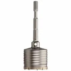 This MILWAUKEE core bit features a one-piece spline shank design for secure drive engagement. With a 5 in core diameter and 3 in body length, it is suited for dry drilling of large-diameter holes in masonry and concrete. The 22 in overall length allows deep penetration for applications such as plumbing, electrical, and HVAC installations.